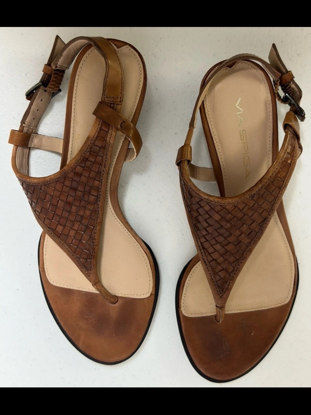 Via Spiga Brown Woven Aislin Leather Thong Sandals